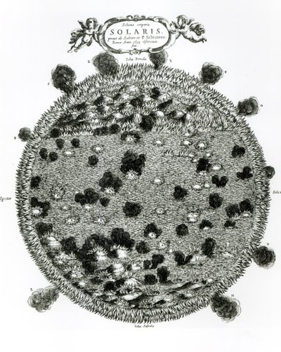 Surface of the Sun showing sunspots, illustration from 